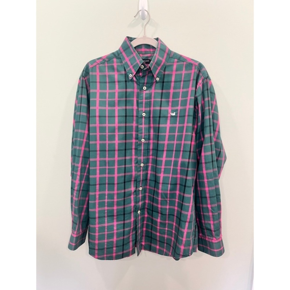 Southern Marsh Mens Green Pink Plaid Button Down Shirt Long Sleeve Cotton Medium